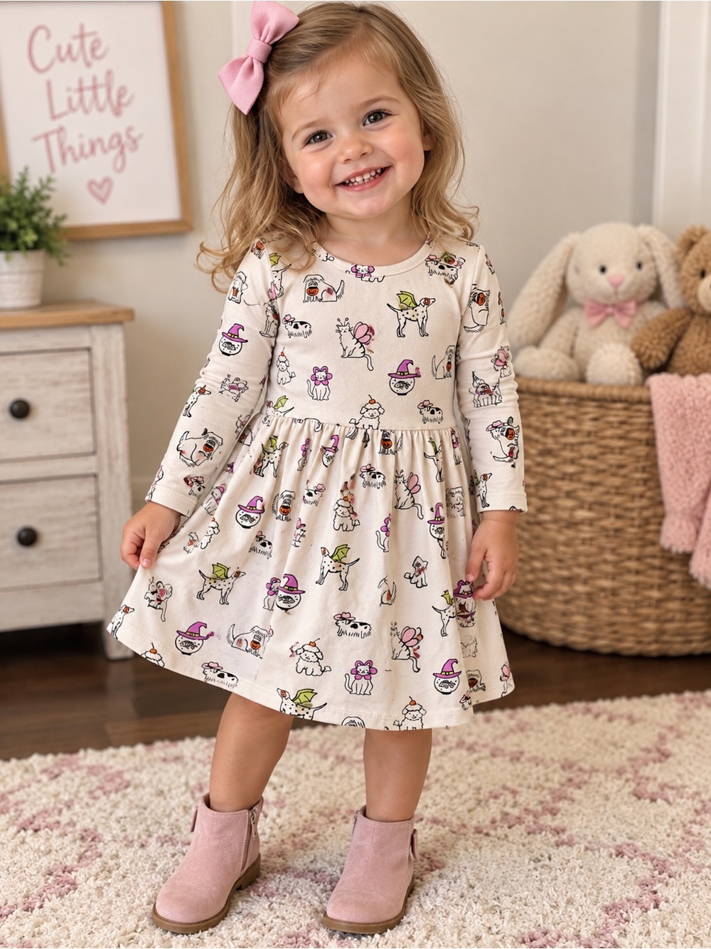 Halloween Girls Cream Long-Sleeve Printed Dress - Size 3T